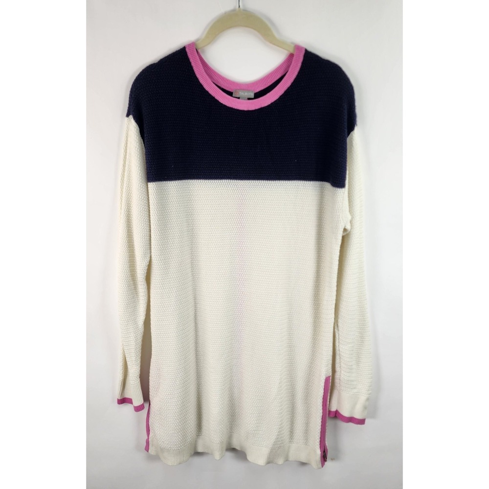 Talbots Colorblock Sweater Women's L Navy Ivory Pink Stretch Lightweight Preppy